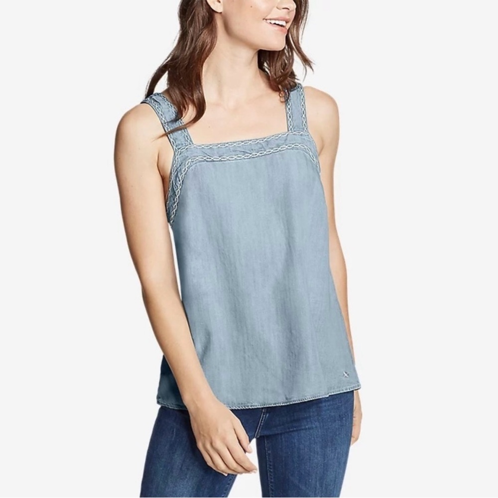 Eddie Bauer Chambray Tencel Tranquil Square Neck Embroidered Tank Top